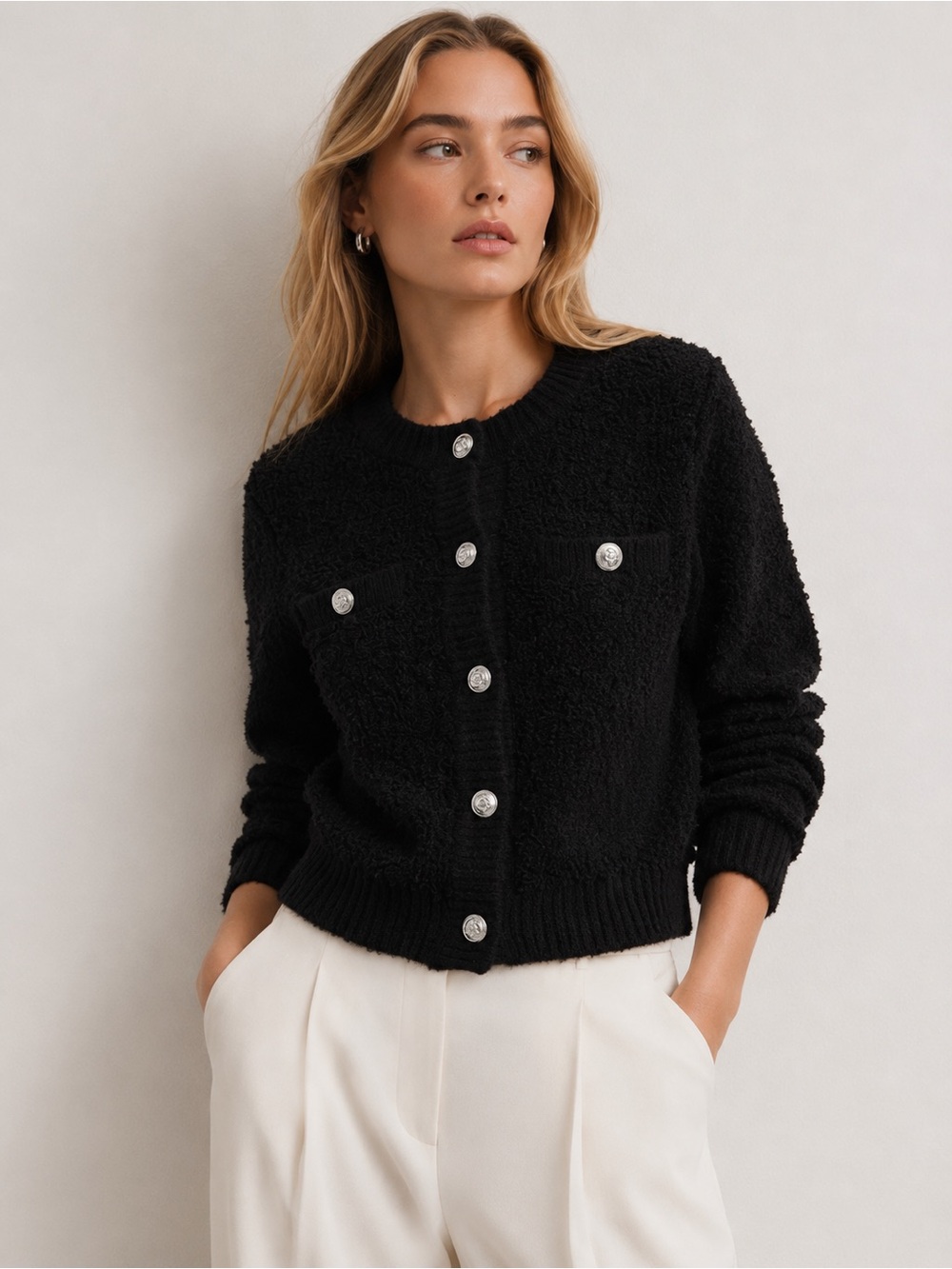H&M Boucle Thick Soft Round Neckline Cardigan with Silver Buttons